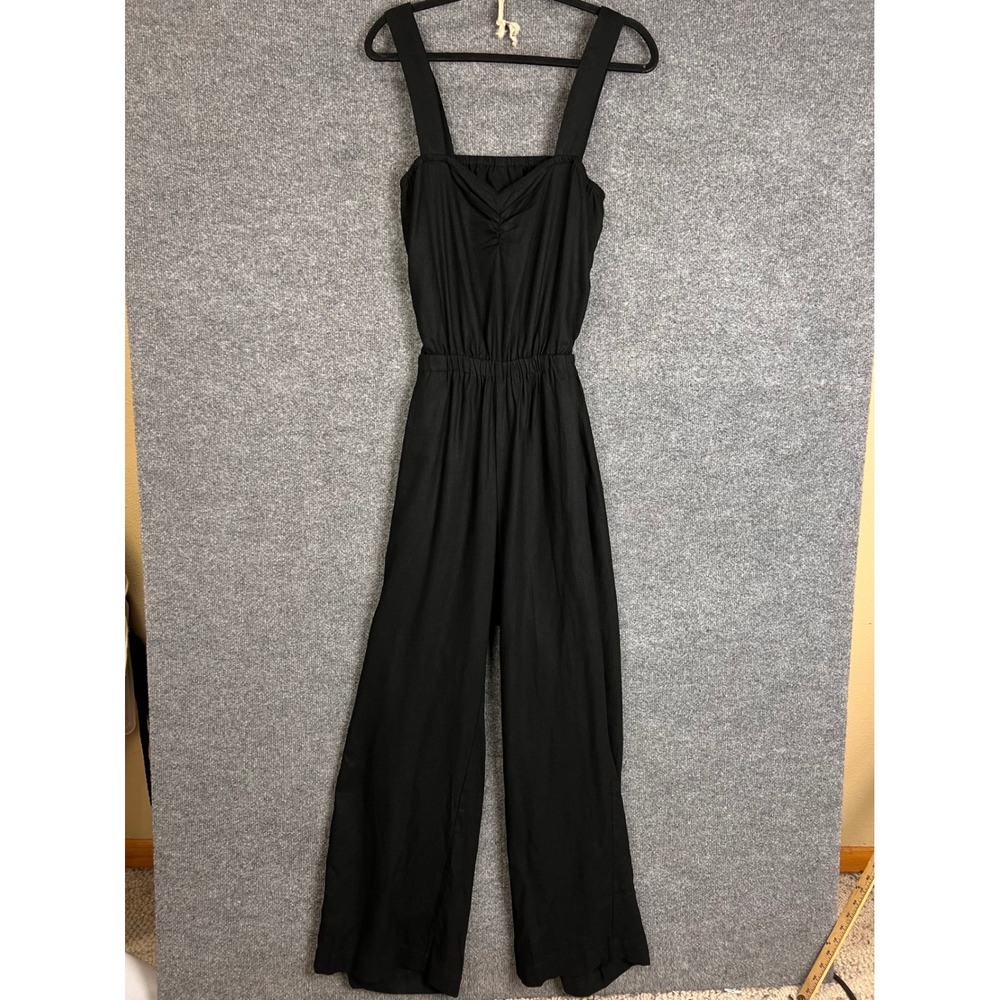 NEW LNA Clothing Jumpsuit M Black Cutout Back Ruched Bust Wide Leg Pocket